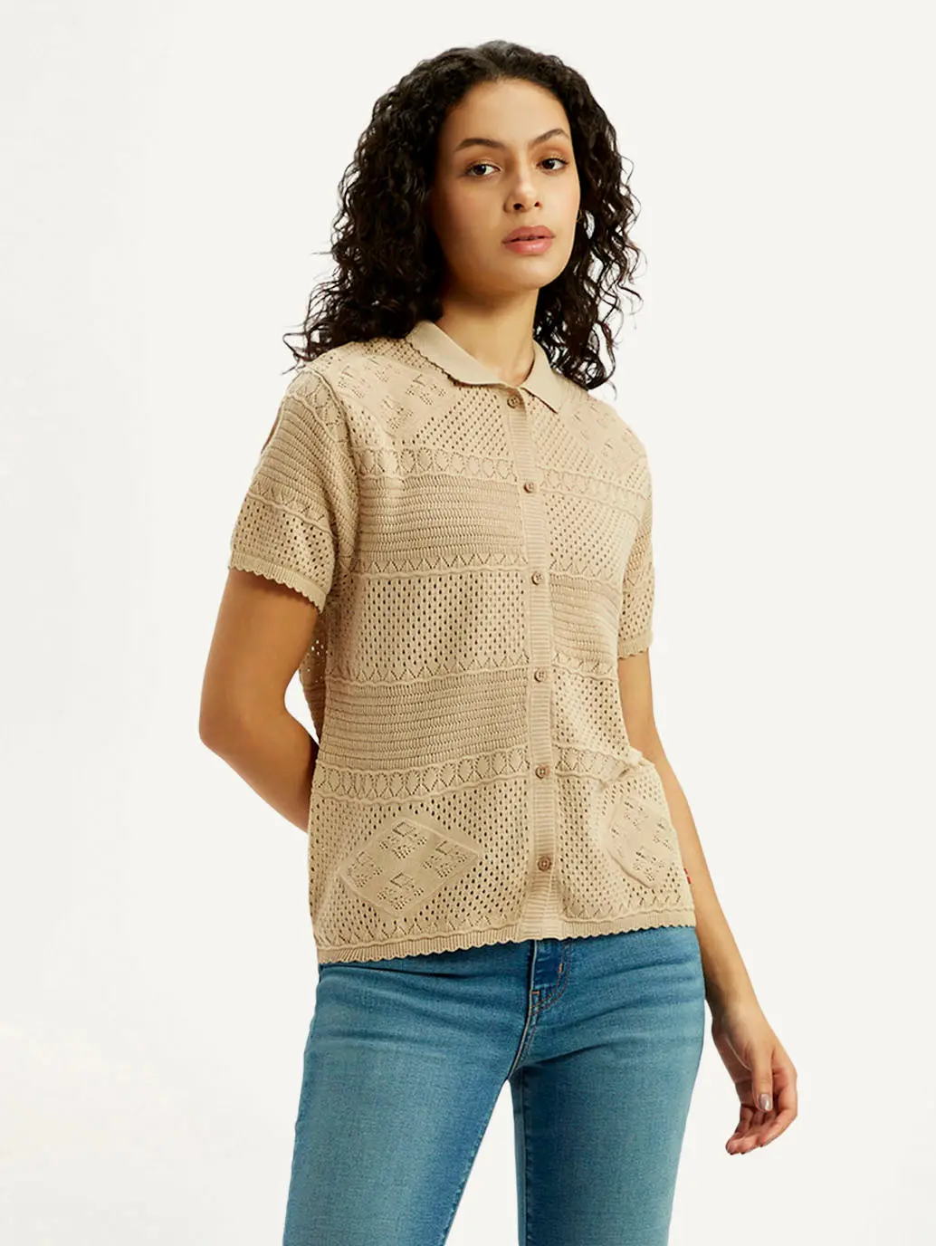 Women's Self Design Beige Spread Collar Shirt 2