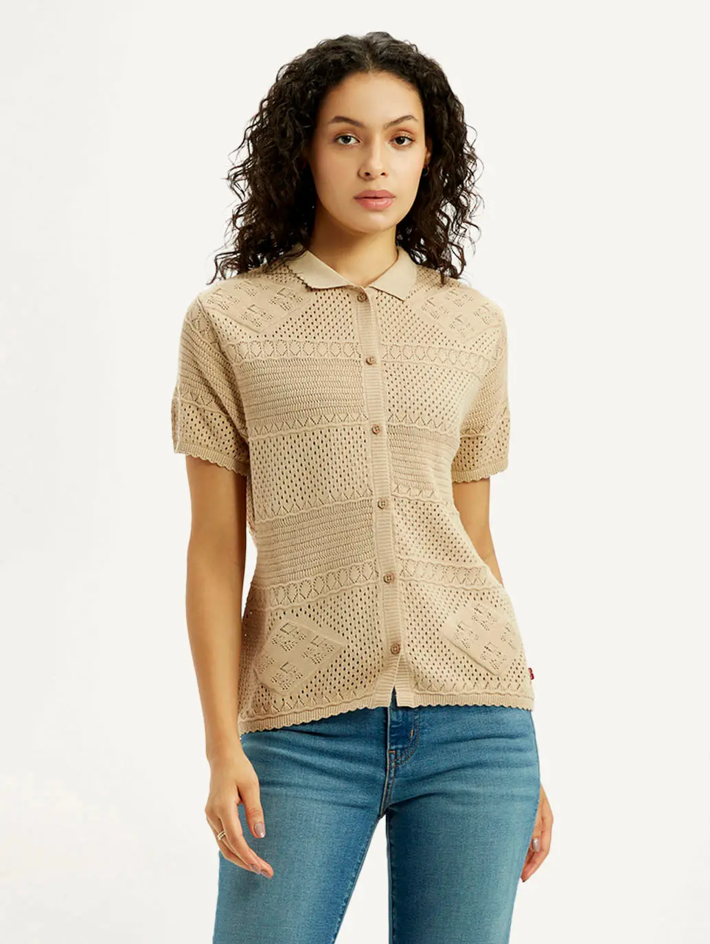 Women's Self Design Beige Spread Collar Shirt 4