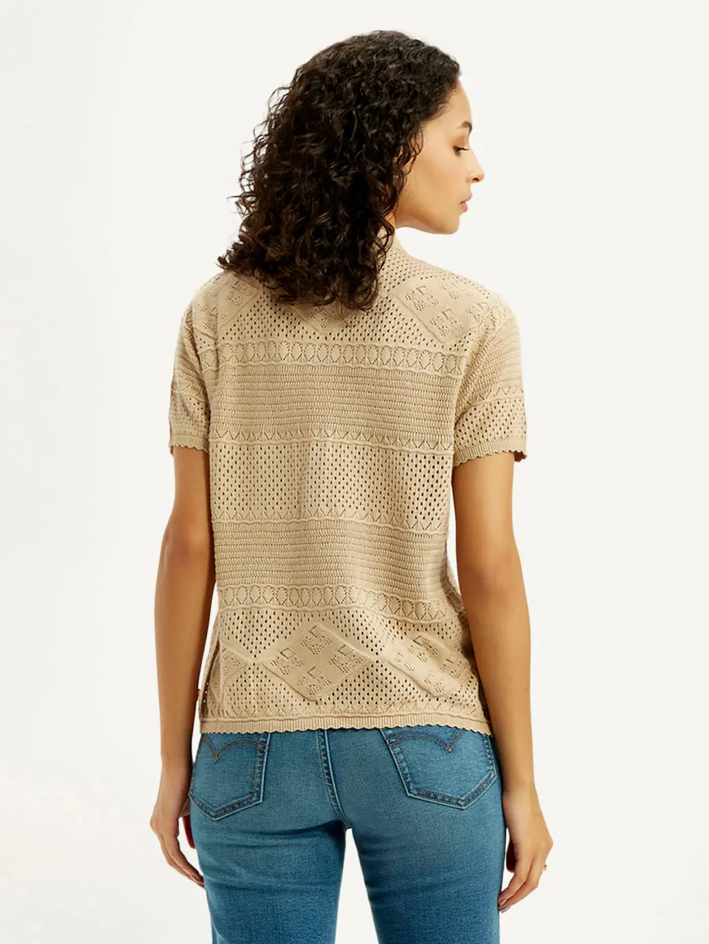 Women's Self Design Beige Spread Collar Shirt 3