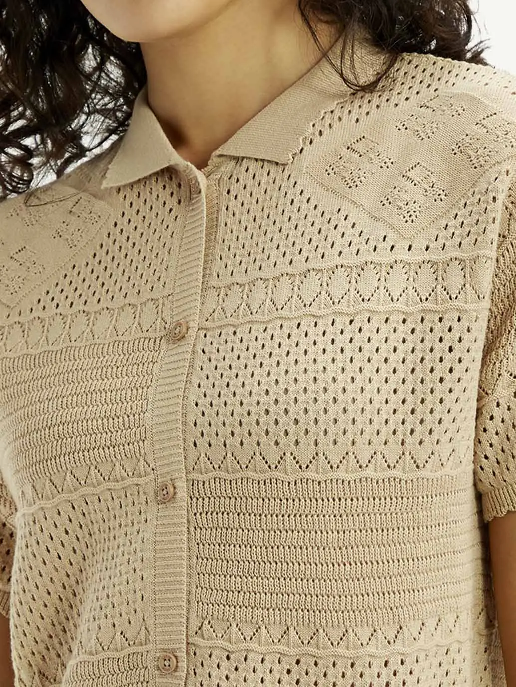 Women's Self Design Beige Spread Collar Shirt 5