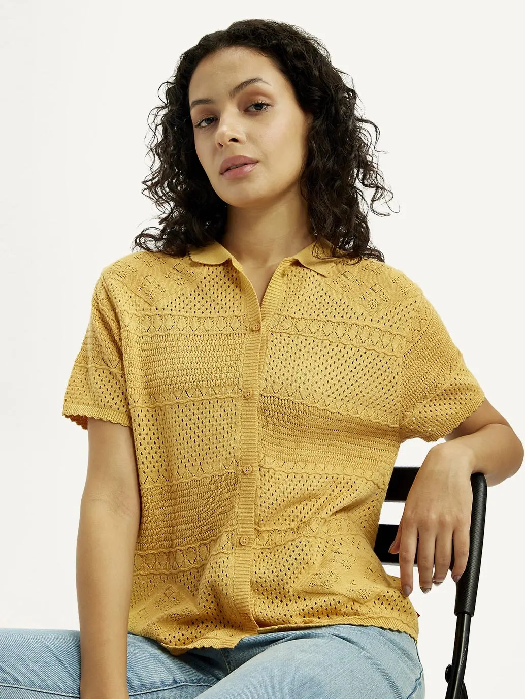 Women's Self Design Yellow Spread Collar Shirt 1