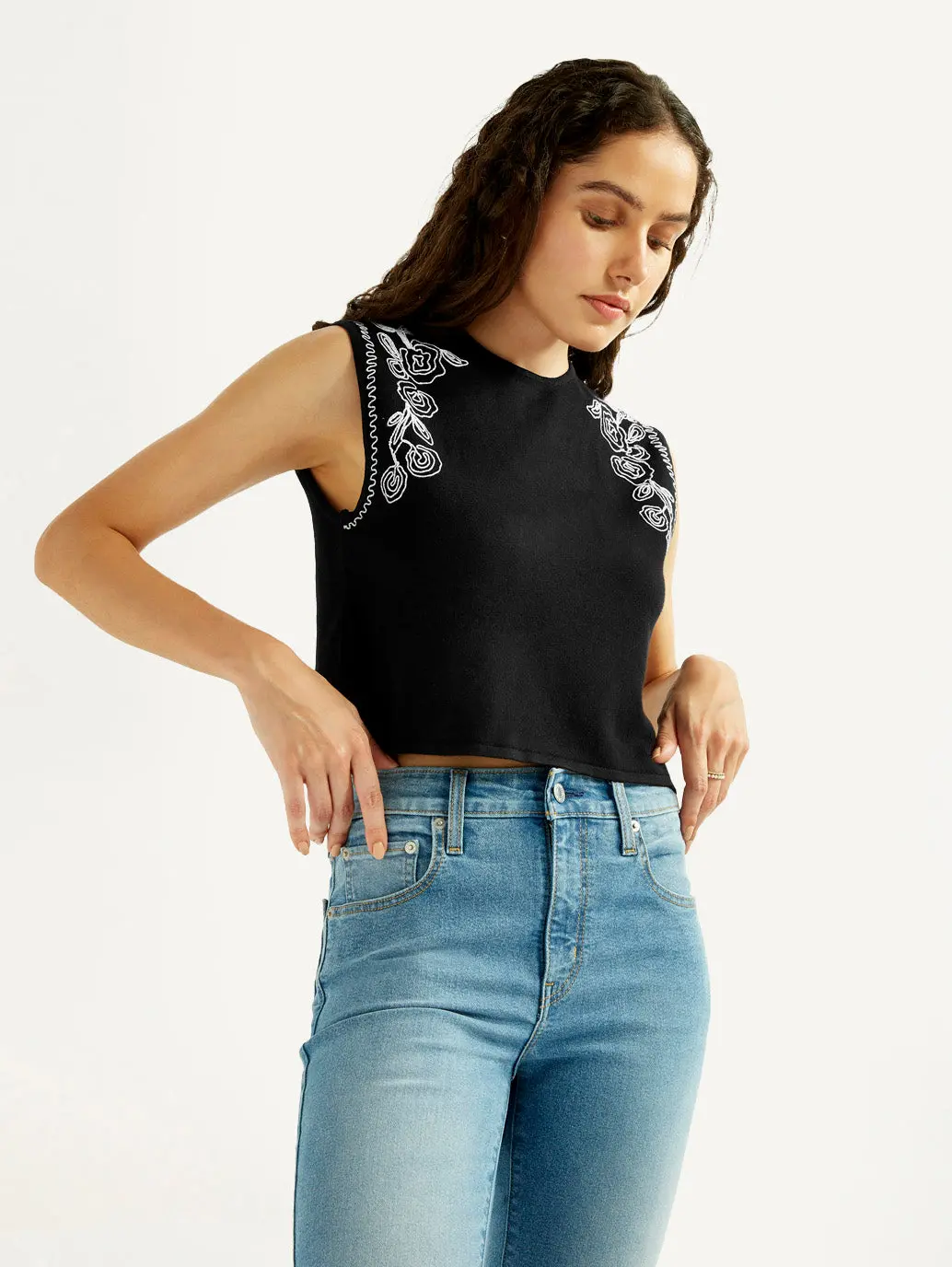 Women's Embroidered Black Crew Neck Top 1