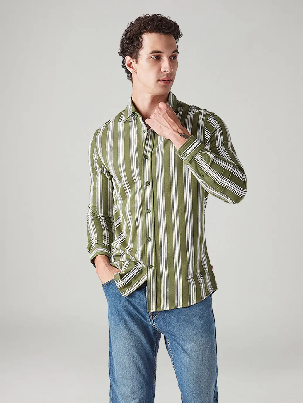 Men's Striped Olive Slim Fit Knitted Shirt 1