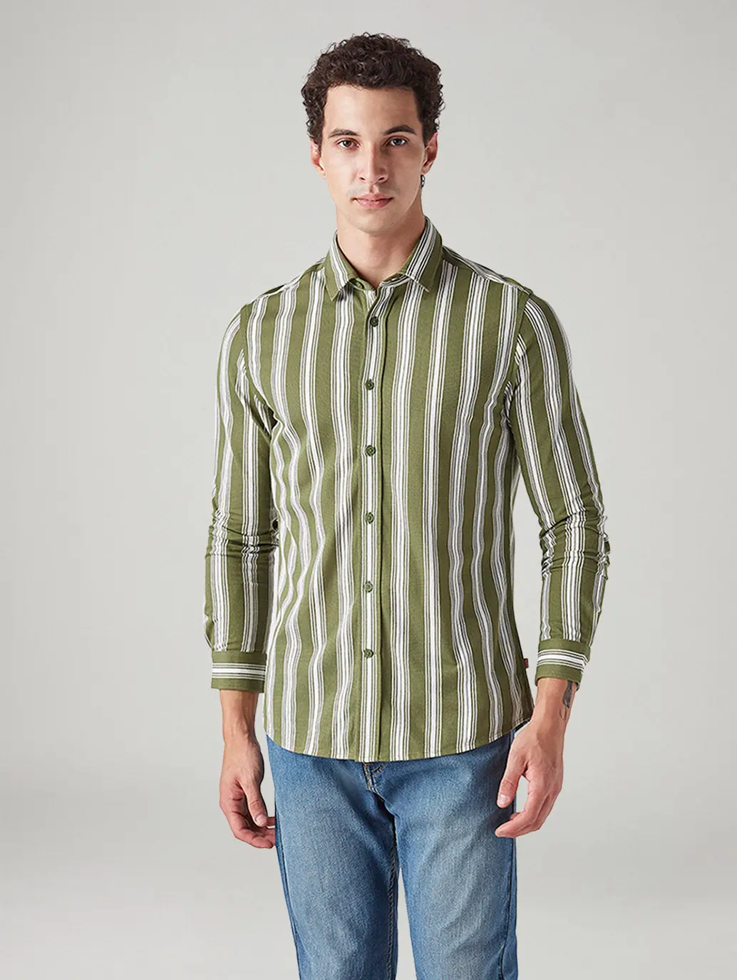 Men's Striped Olive Slim Fit Knitted Shirt 2