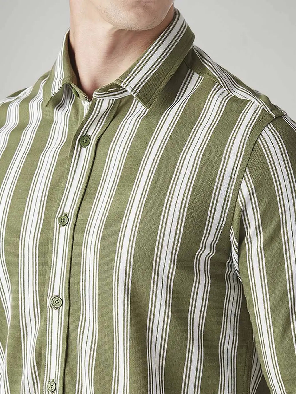 Men's Striped Olive Slim Fit Knitted Shirt 4