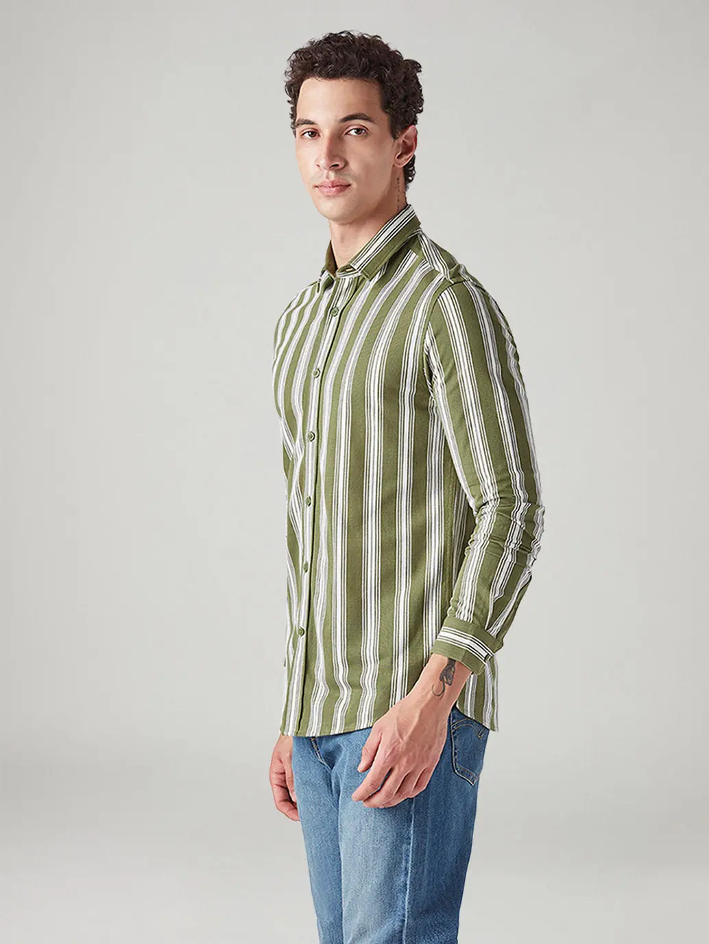 Men's Striped Olive Slim Fit Knitted Shirt 5