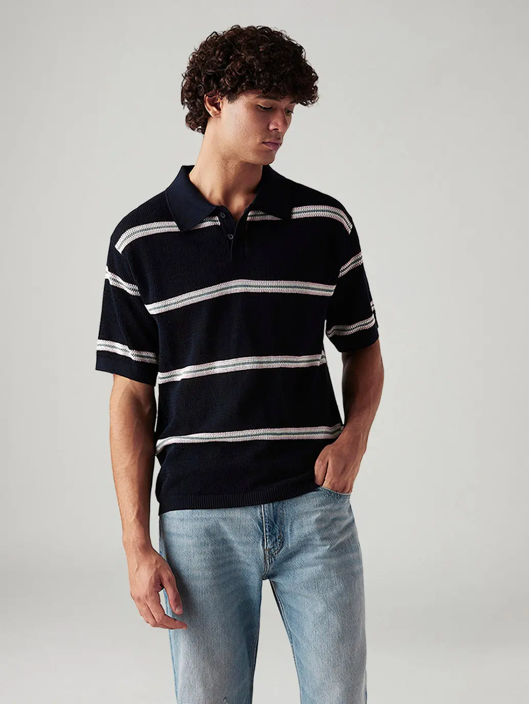 Men's Striped Navy Loose Fit Polo T-Shirt 1
