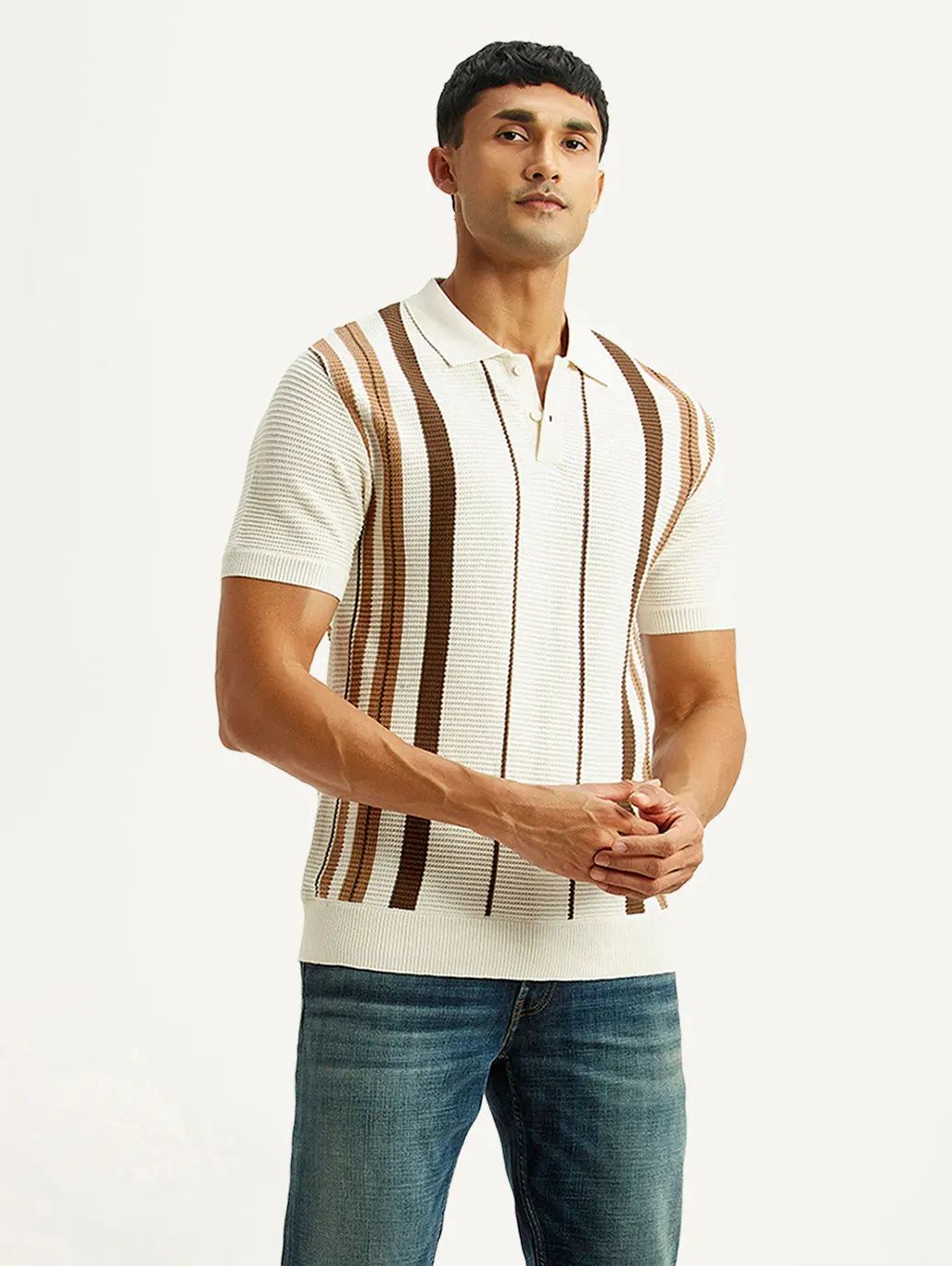 Men's Striped Off White Polo T-Shirt 1