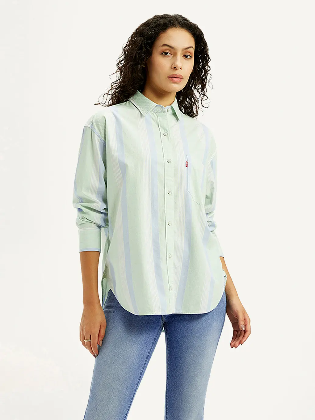 Women's Striped Light Green Relaxed Fit Shirt 1