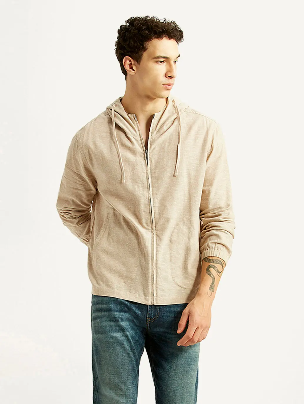 Men's Solid Beige Linen Hooded Shacket 1