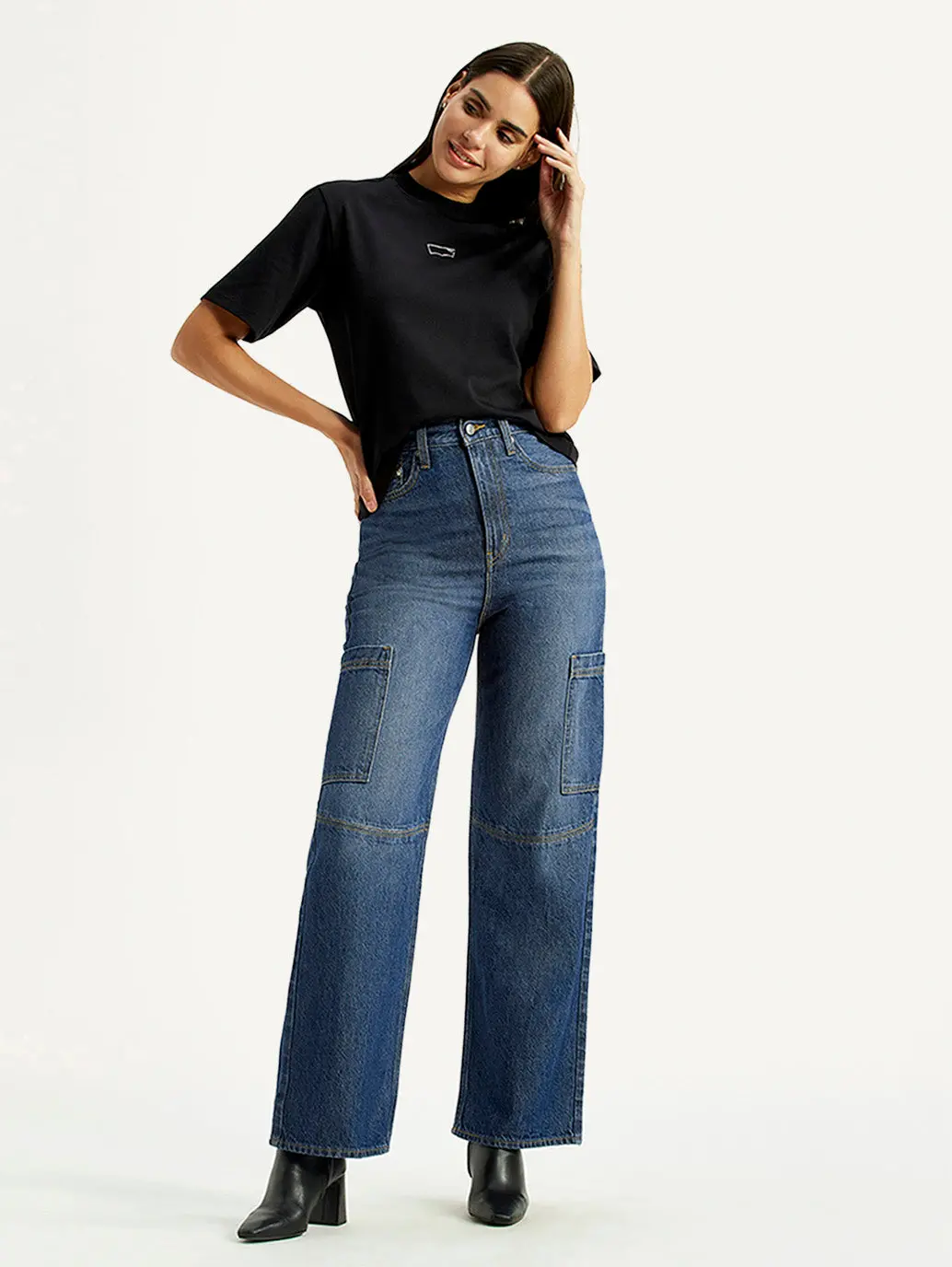 Women's Med Indigo Loose Fit High Rise Jeans 1