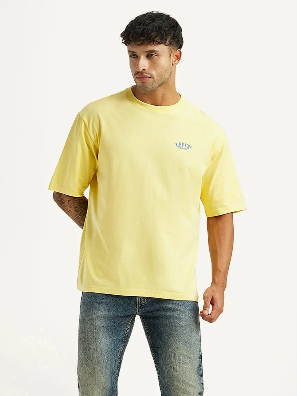 Men's Typographic Print Yellow Loose Fit T-Shirt 1