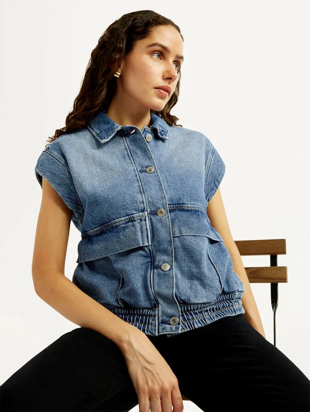 Women's Solid Blue Denim Jacket 1