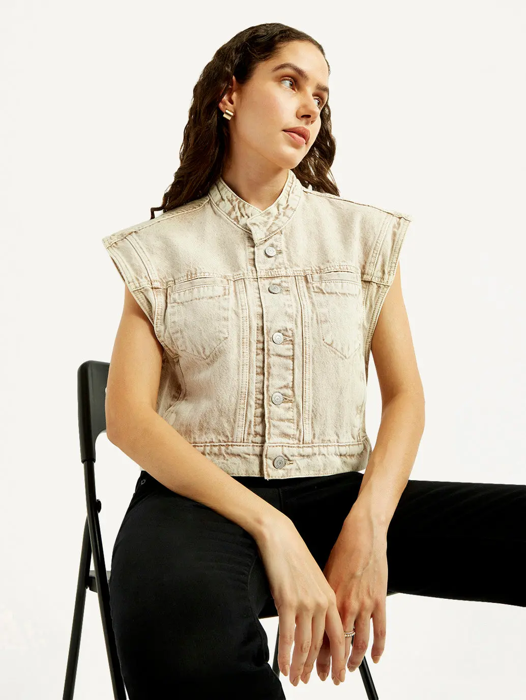 Women's Solid Beige Denim Jacket 1