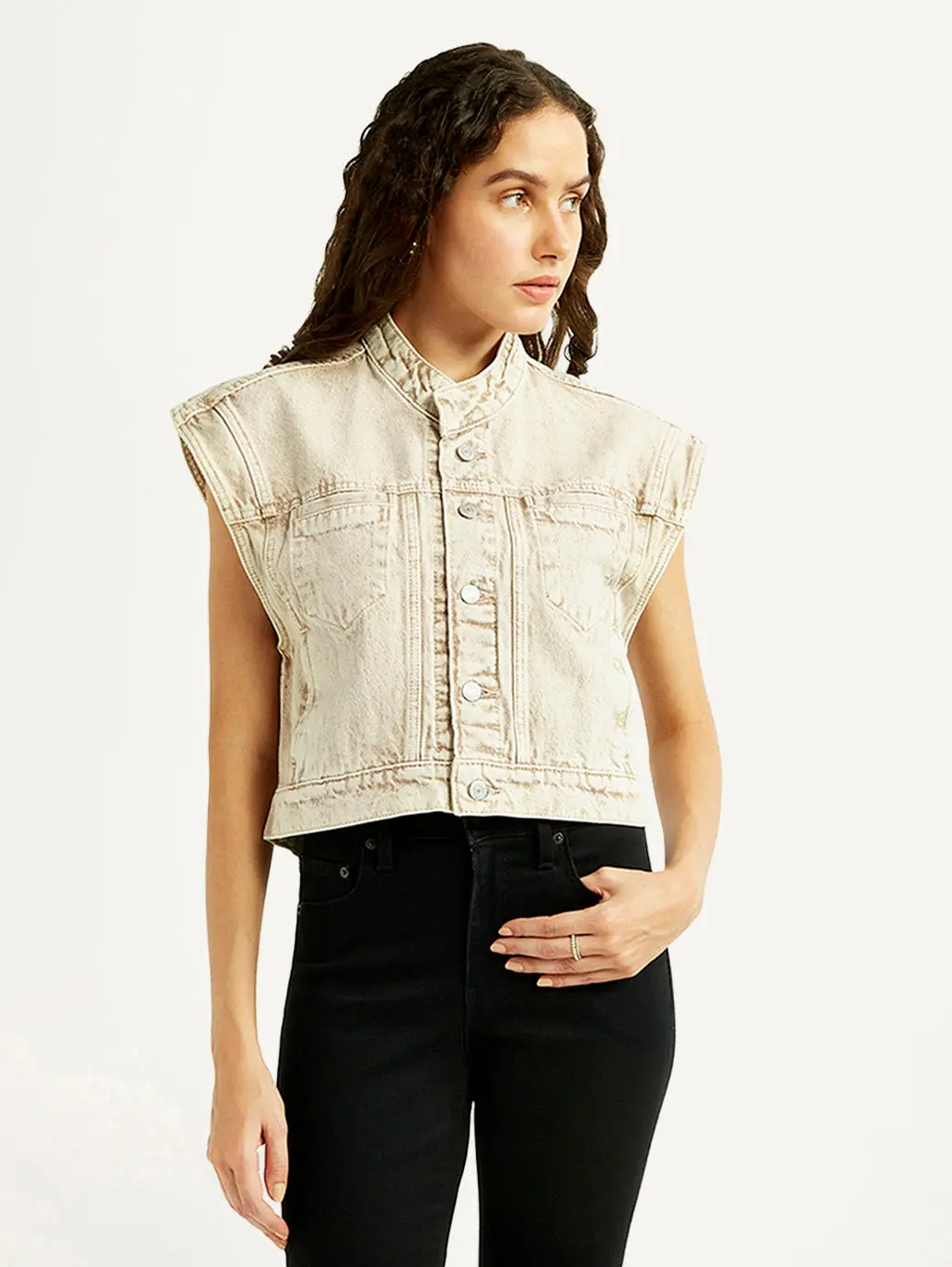 Women's Solid Beige Denim Jacket 6