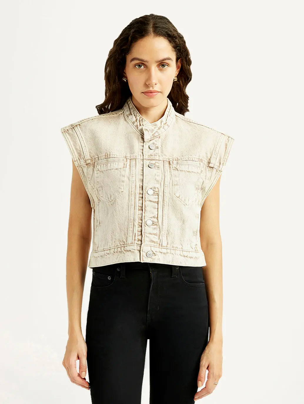 Women's Solid Beige Denim Jacket 2