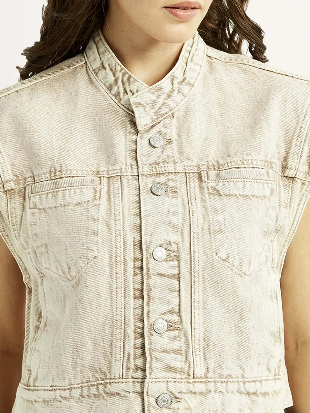 Women's Solid Beige Denim Jacket 4