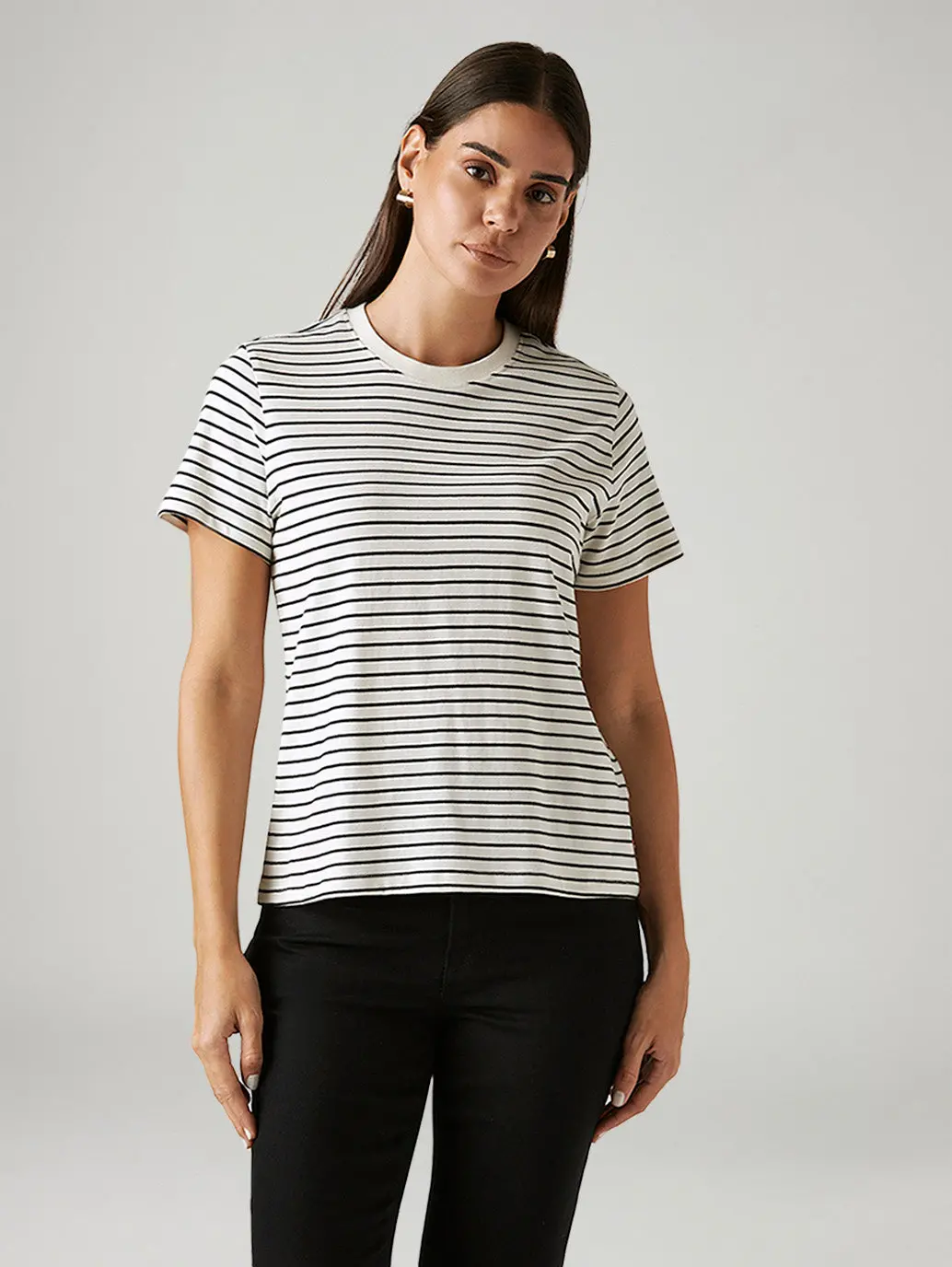 Women's Striped White Crew Neck T-Shirt 2