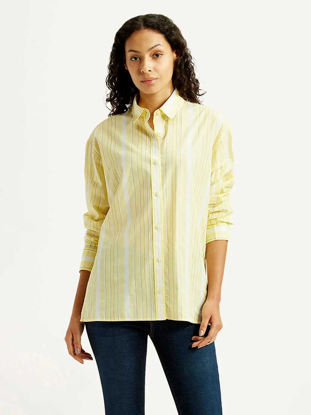 Women's Striped Yellow Relaxed Fit Poplin Shirt 1