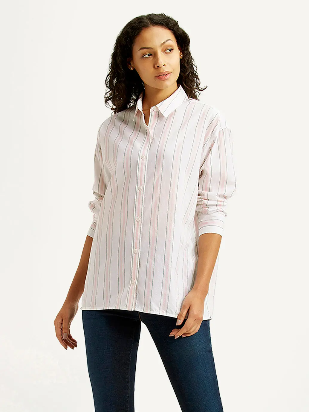 Women's Striped Light Pink Relaxed Fit Poplin Shirt 1