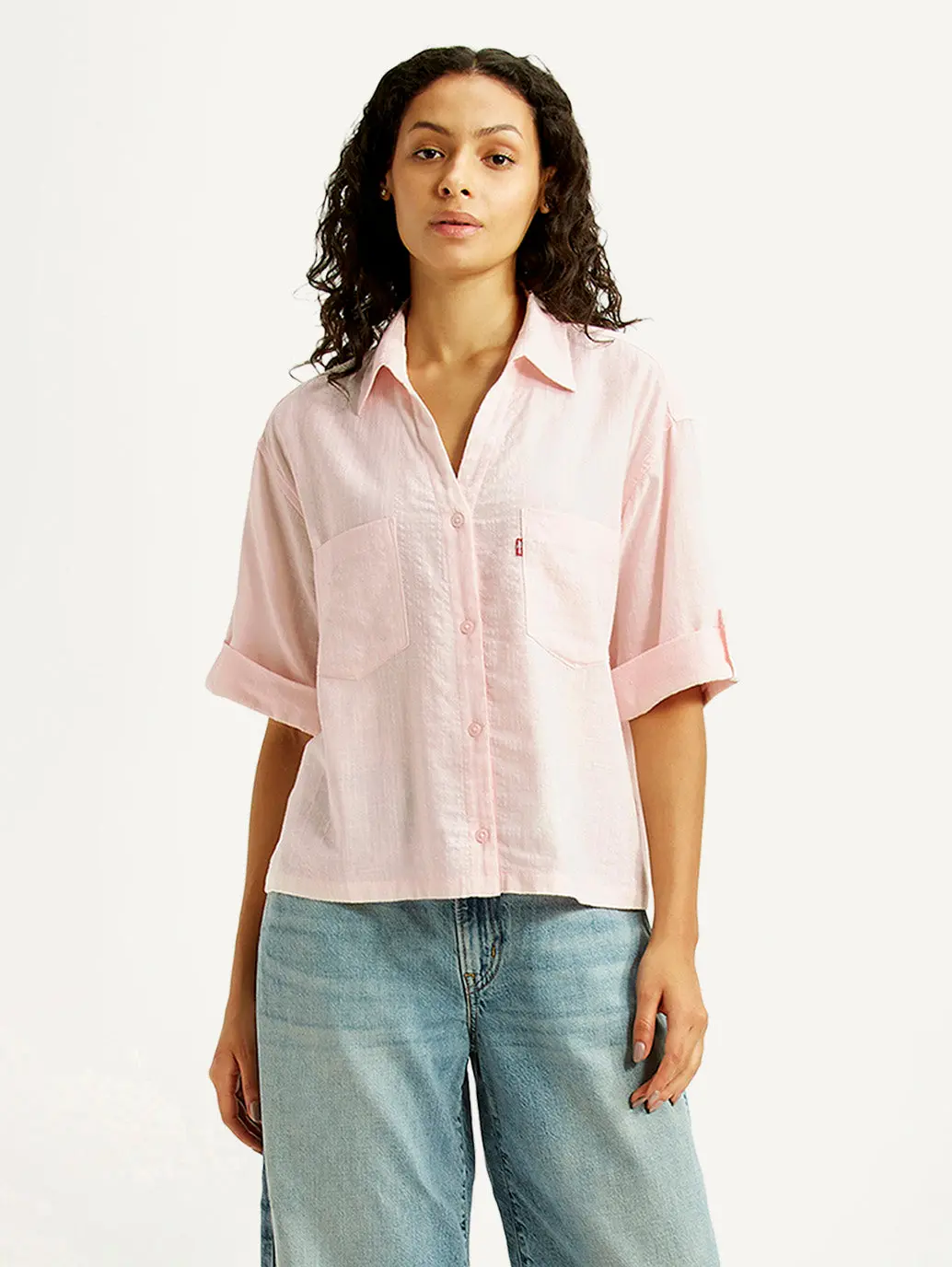 Women's Textured Light Pink Spread Collar Shirt 1