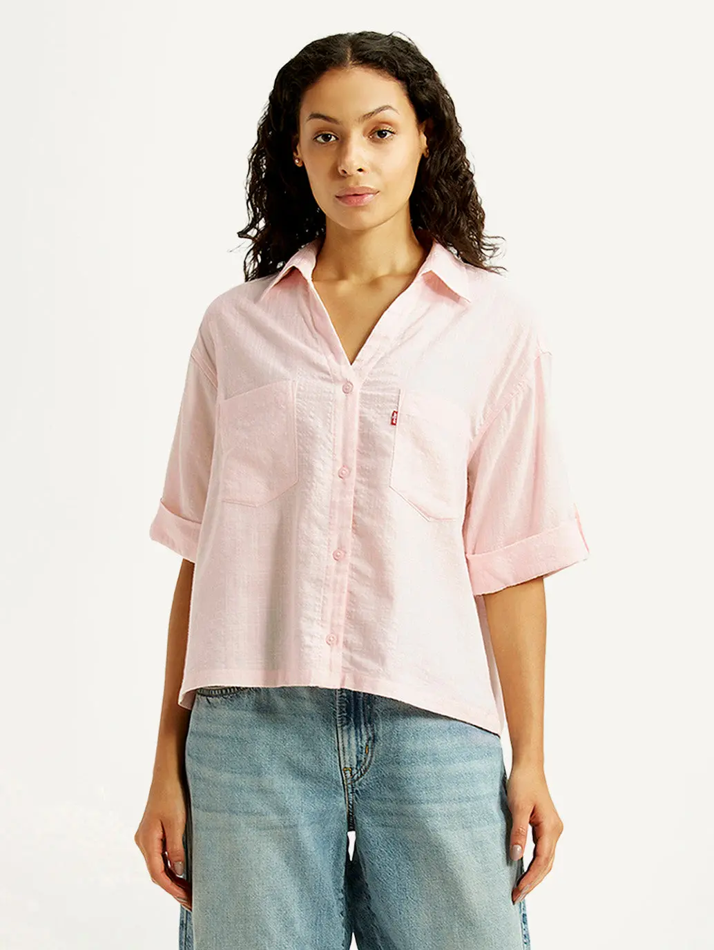 Women's Textured Light Pink Spread Collar Shirt 2