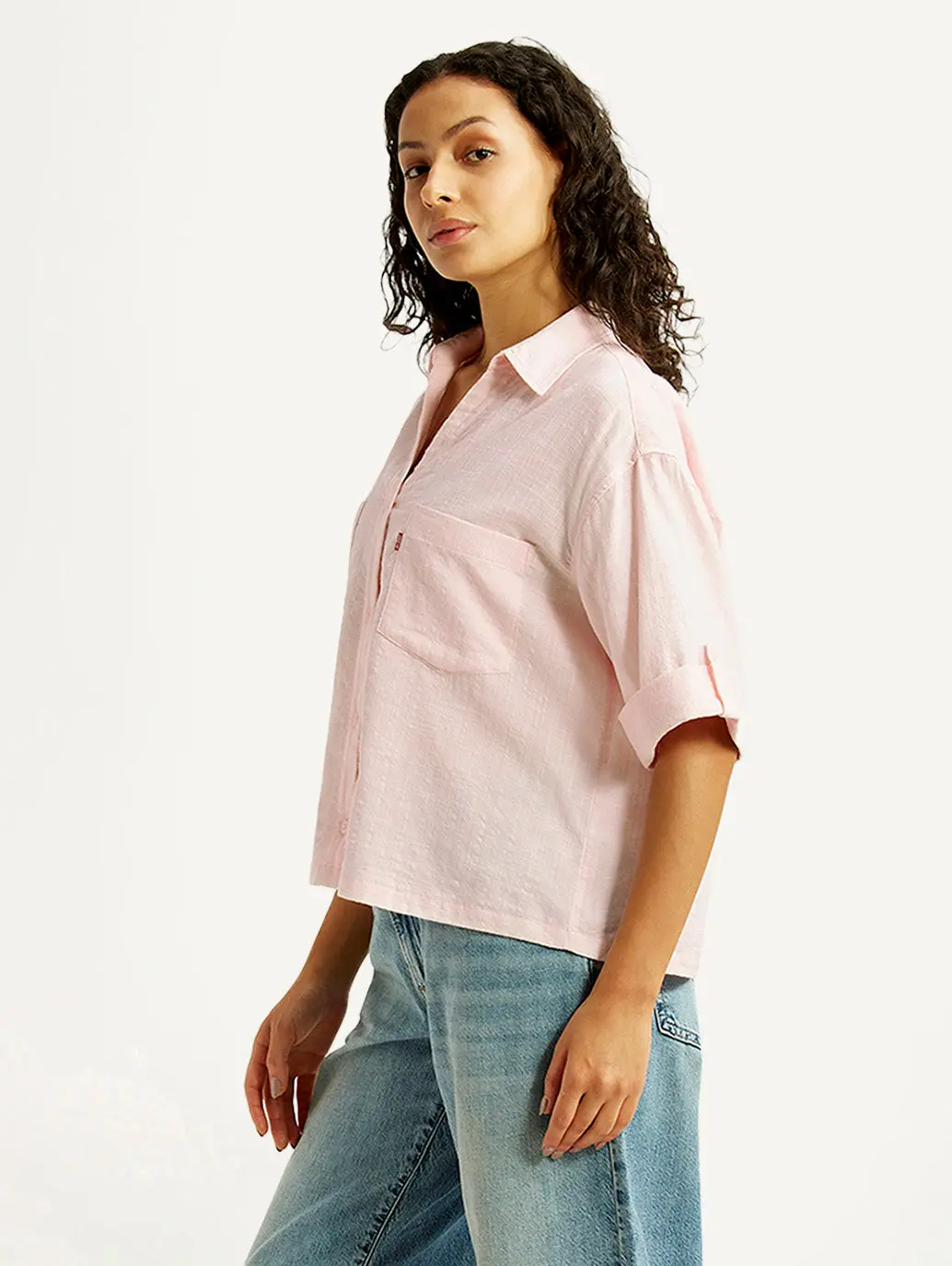 Women's Textured Light Pink Spread Collar Shirt 5