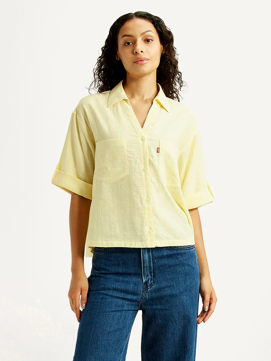 Women's Textured Yellow Spread Collar Shirt 1