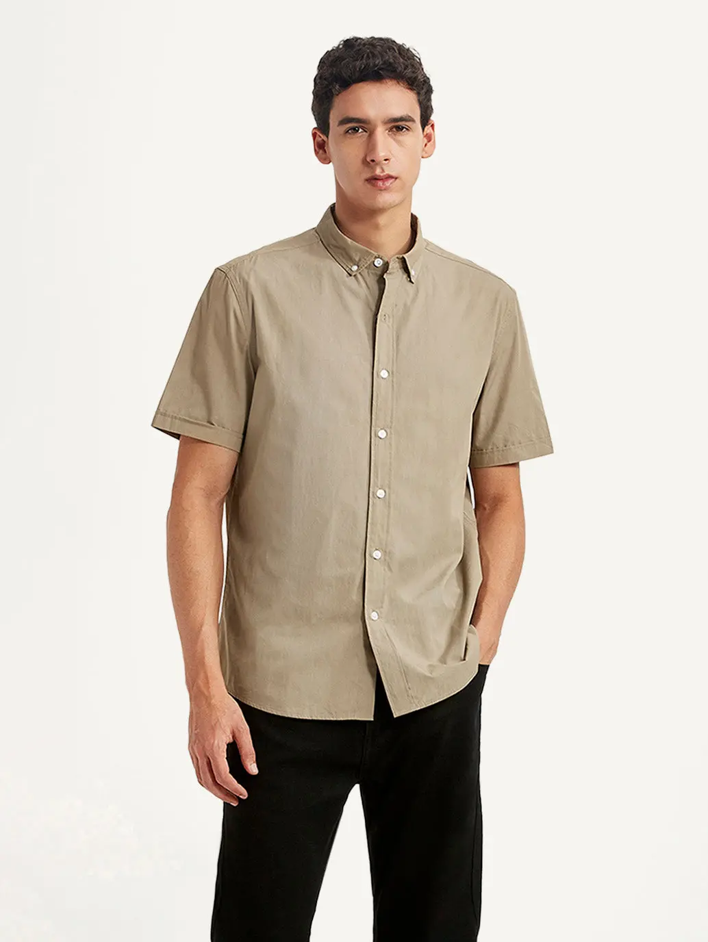 Men's Solid Beige Slim Fit Poplin Shirt 1