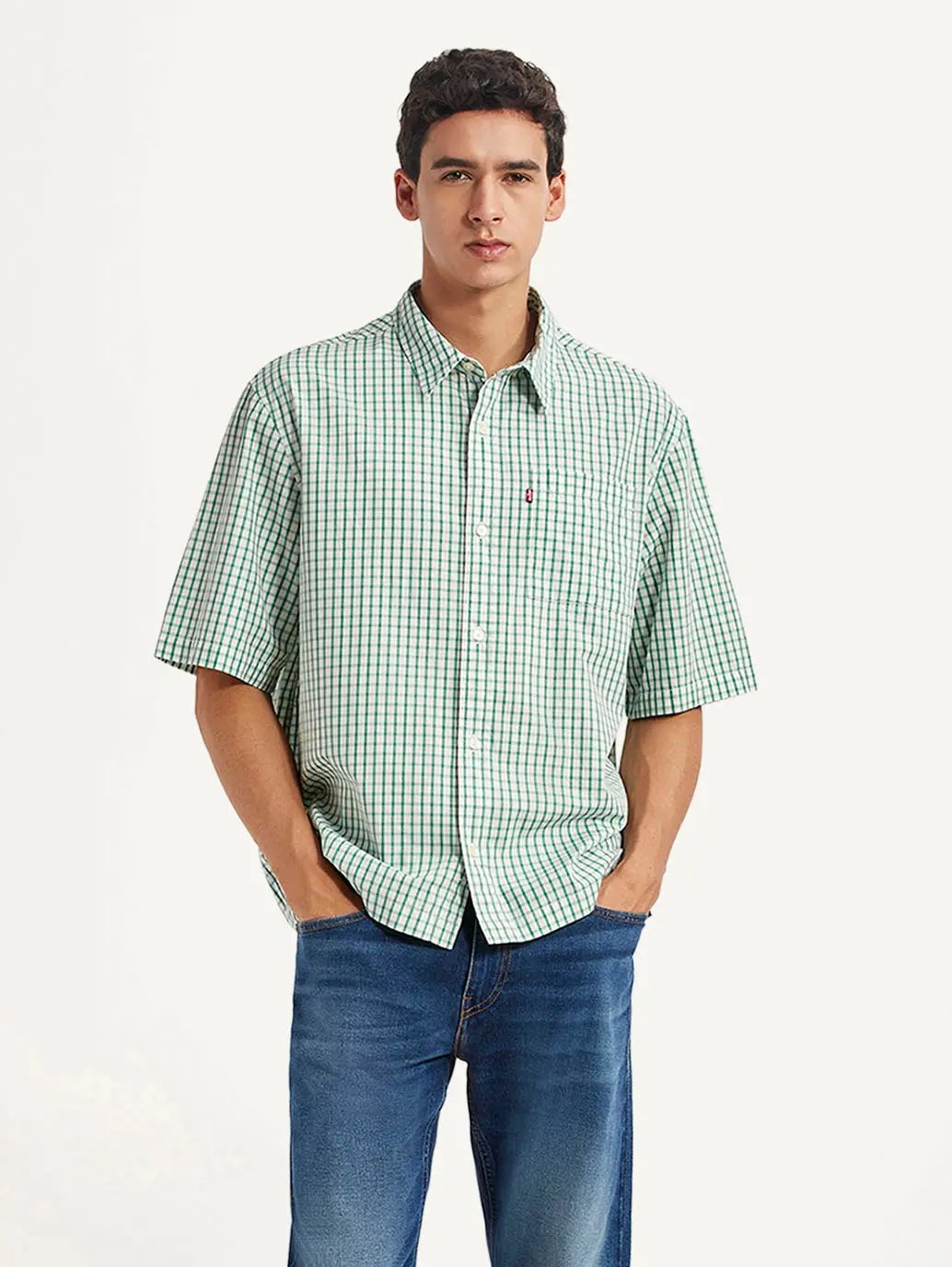 Men's Checkered Green Boxy Fit Poplin Shirt 1