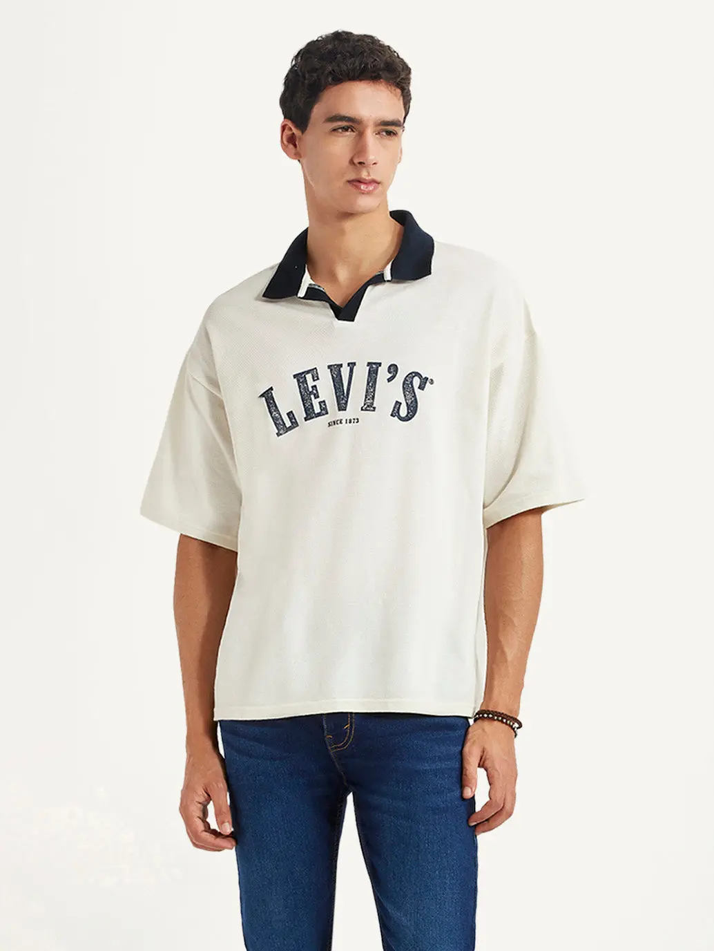 Men's Brand Logo Off-White Loose Fit Polo T-Shirt 1