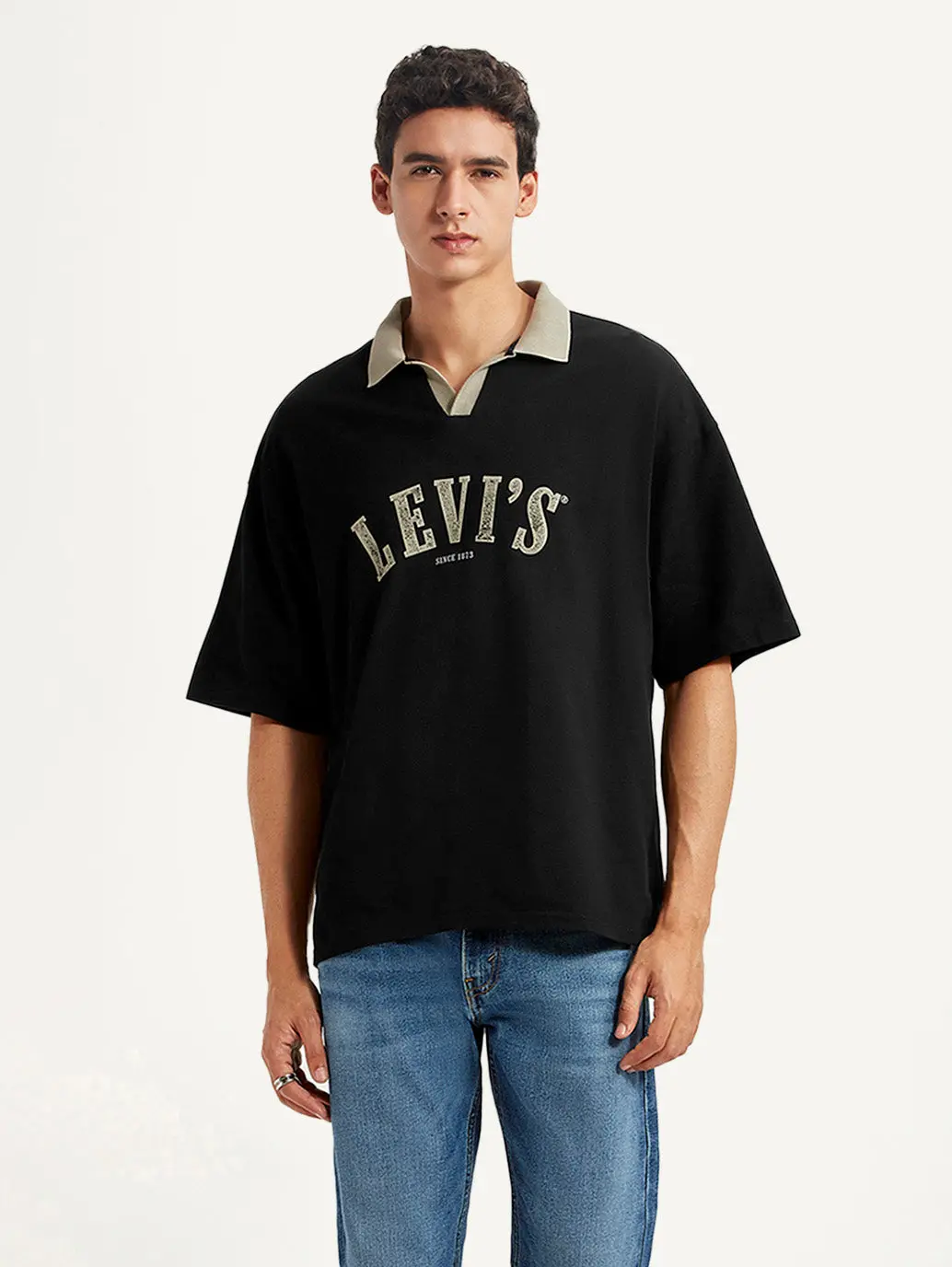 Men's Brand Logo Black Loose Fit Polo T-Shirt 1