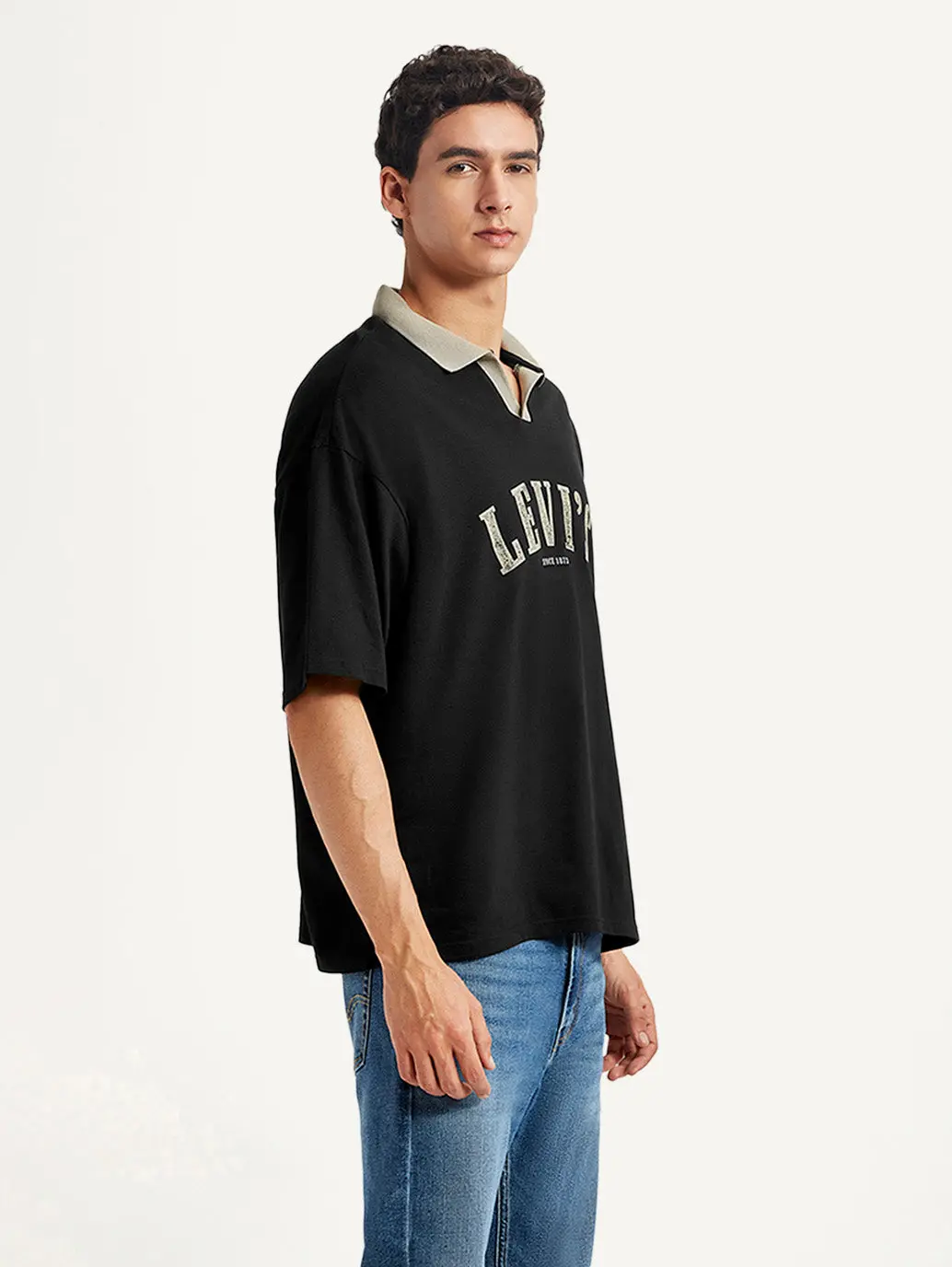 Men's Brand Logo Black Loose Fit Polo T-Shirt 5