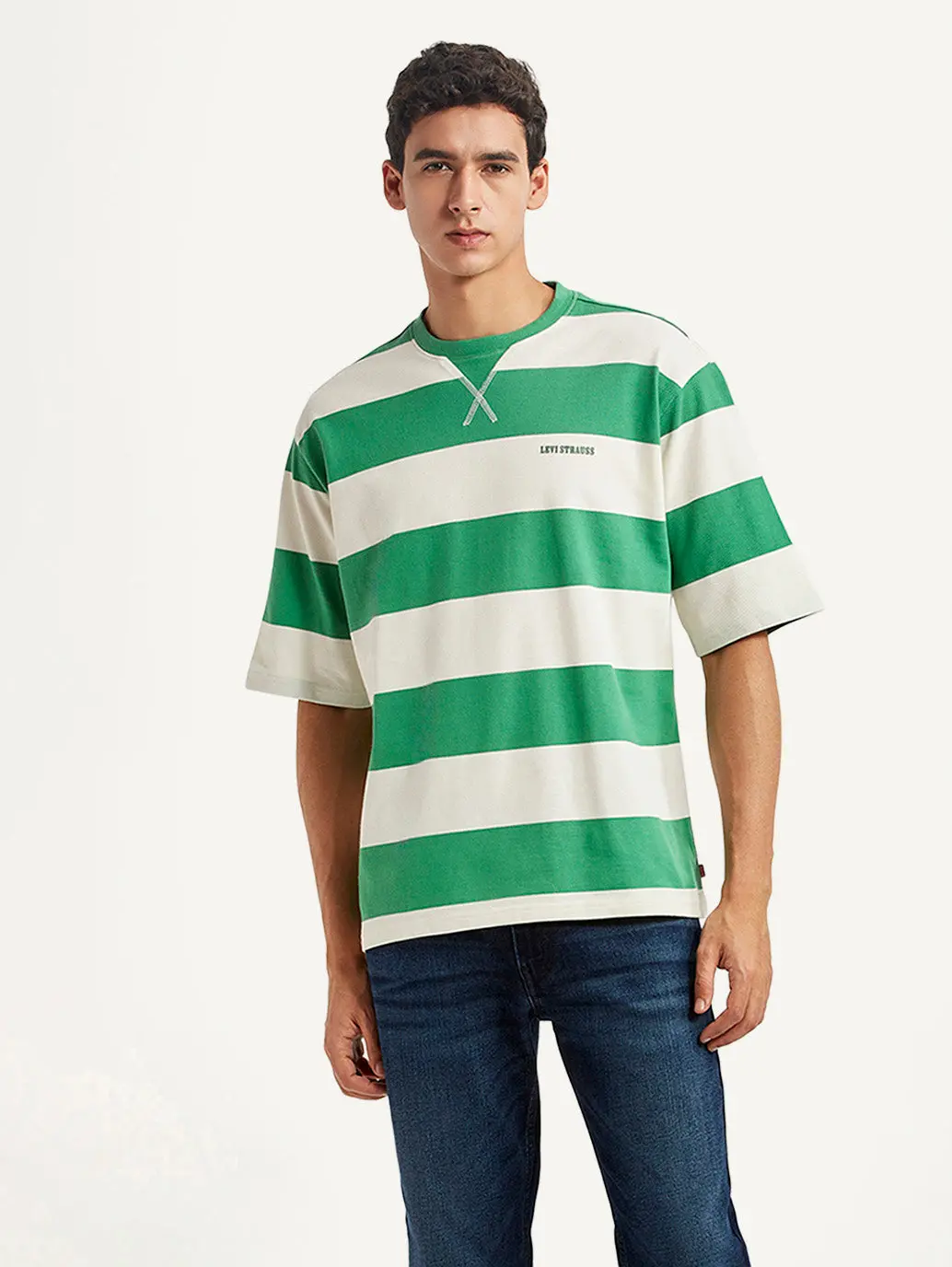 Men's Striped Green Loose Fit T-Shirt 1