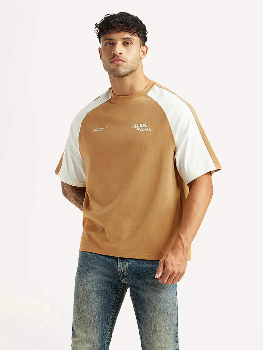 Men's Colorblock Tan Loose Fit T-Shirt 1