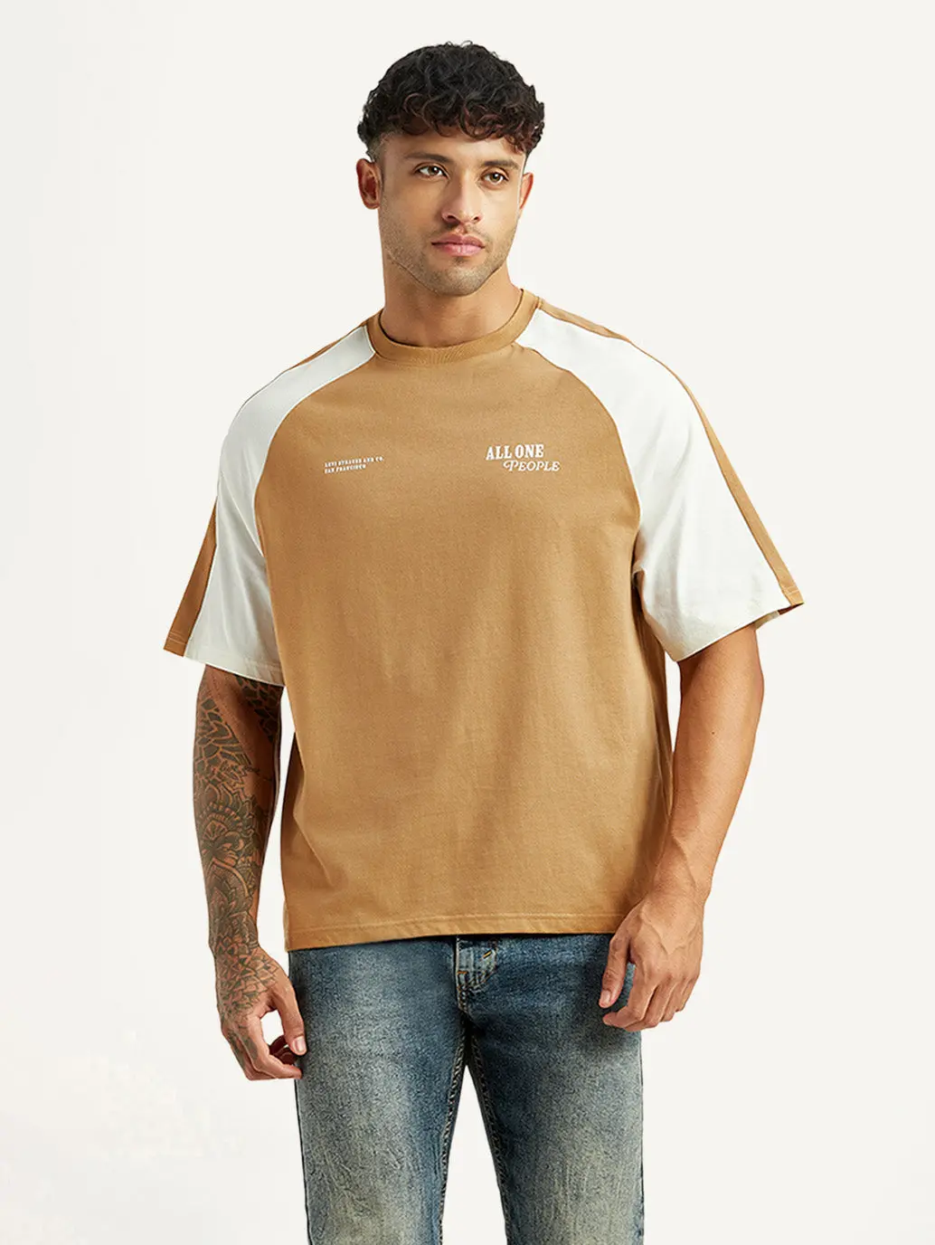 Men's Colorblock Tan Loose Fit T-Shirt 2