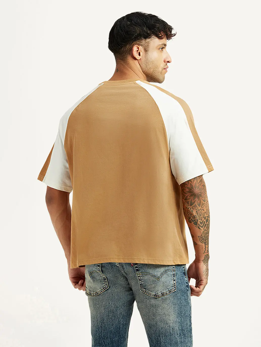 Men's Colorblock Tan Loose Fit T-Shirt 3