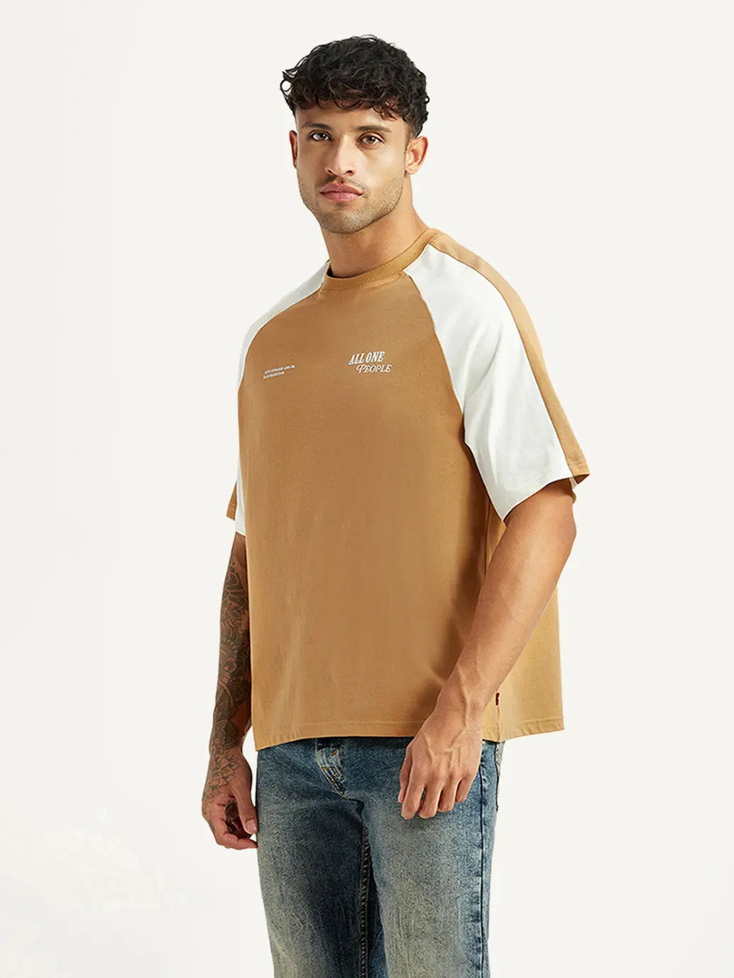 Men's Colorblock Tan Loose Fit T-Shirt 5