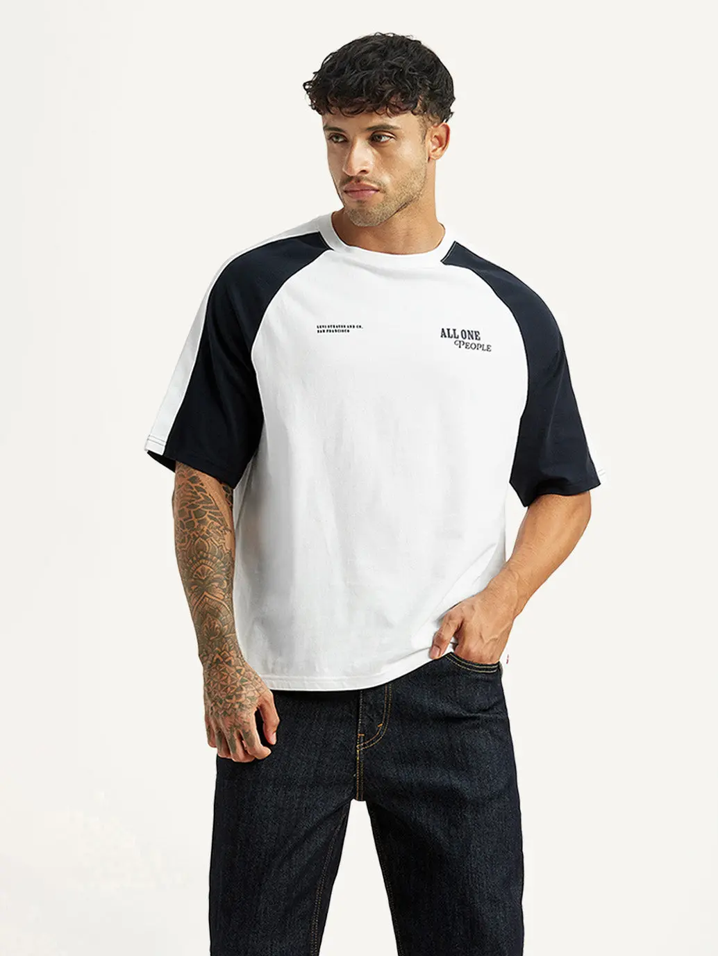 Men's Colorblock White Loose Fit T-Shirt 1