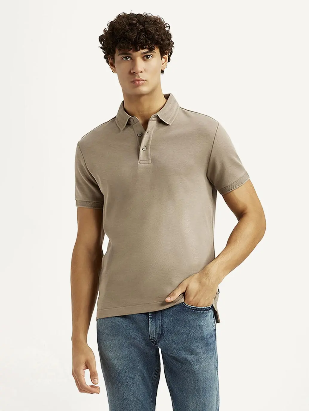 Men's Solid Beige Slim Fit Polo T-Shirt 1
