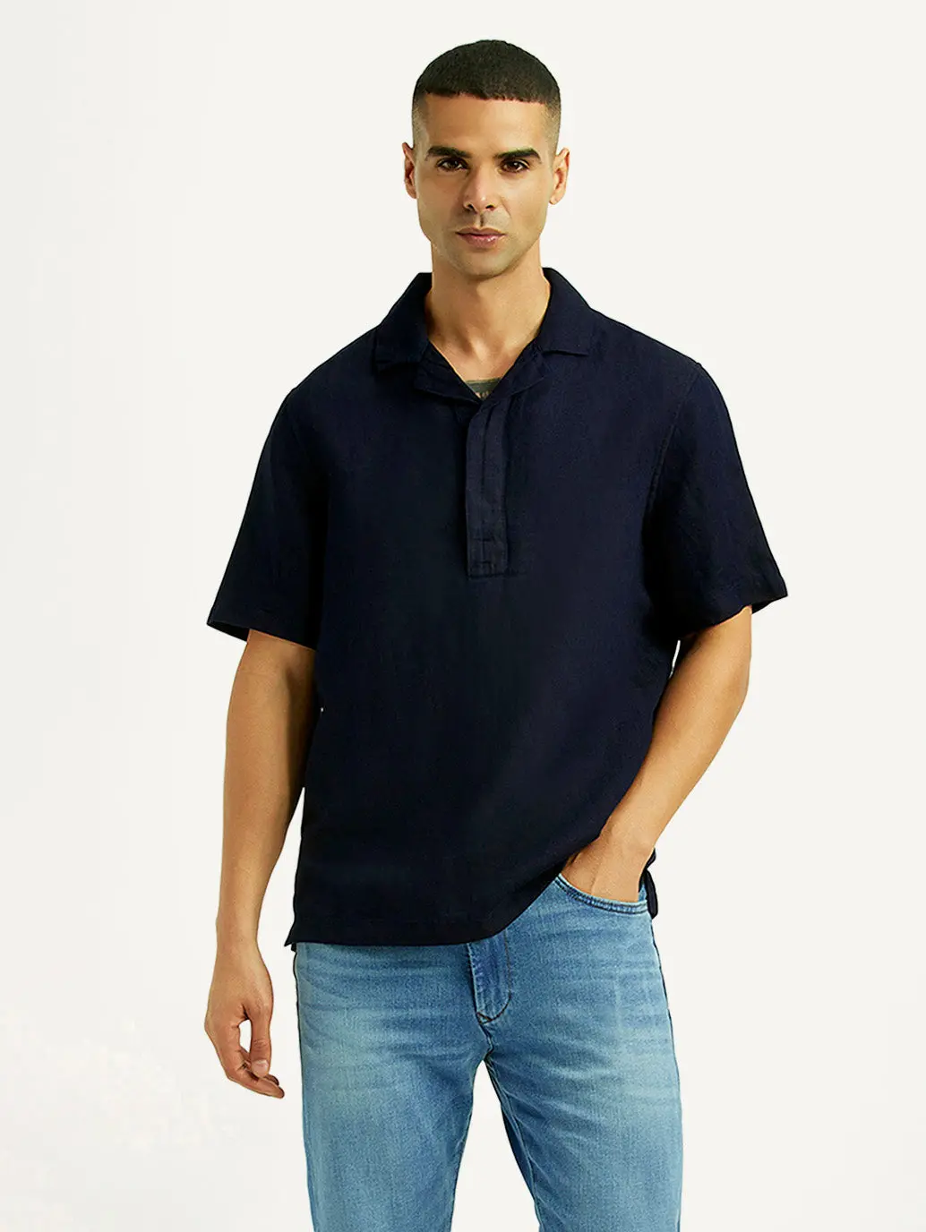 Men's Solid Navy Relaxed Fit Camp Shirt 1