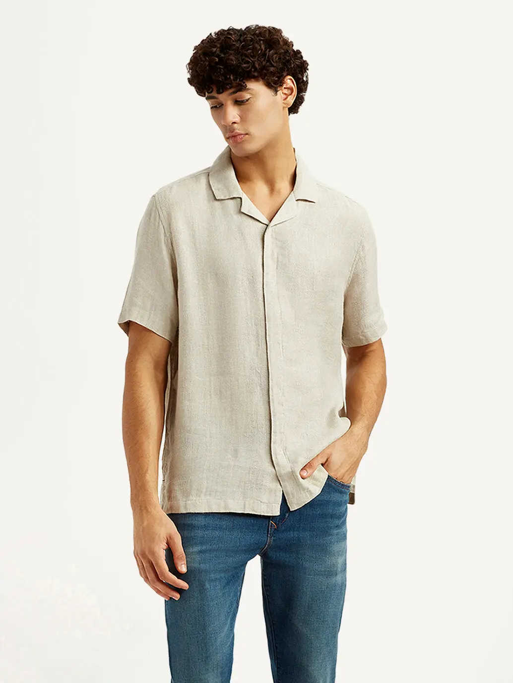 Men's Redloop Solid Beige Relaxed Fit Camp Shirt 1