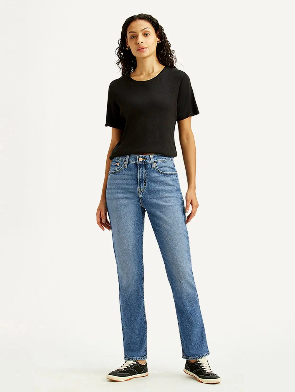Women's Med Indigo Wedgie Straight Fit Mid Rise Jeans 1