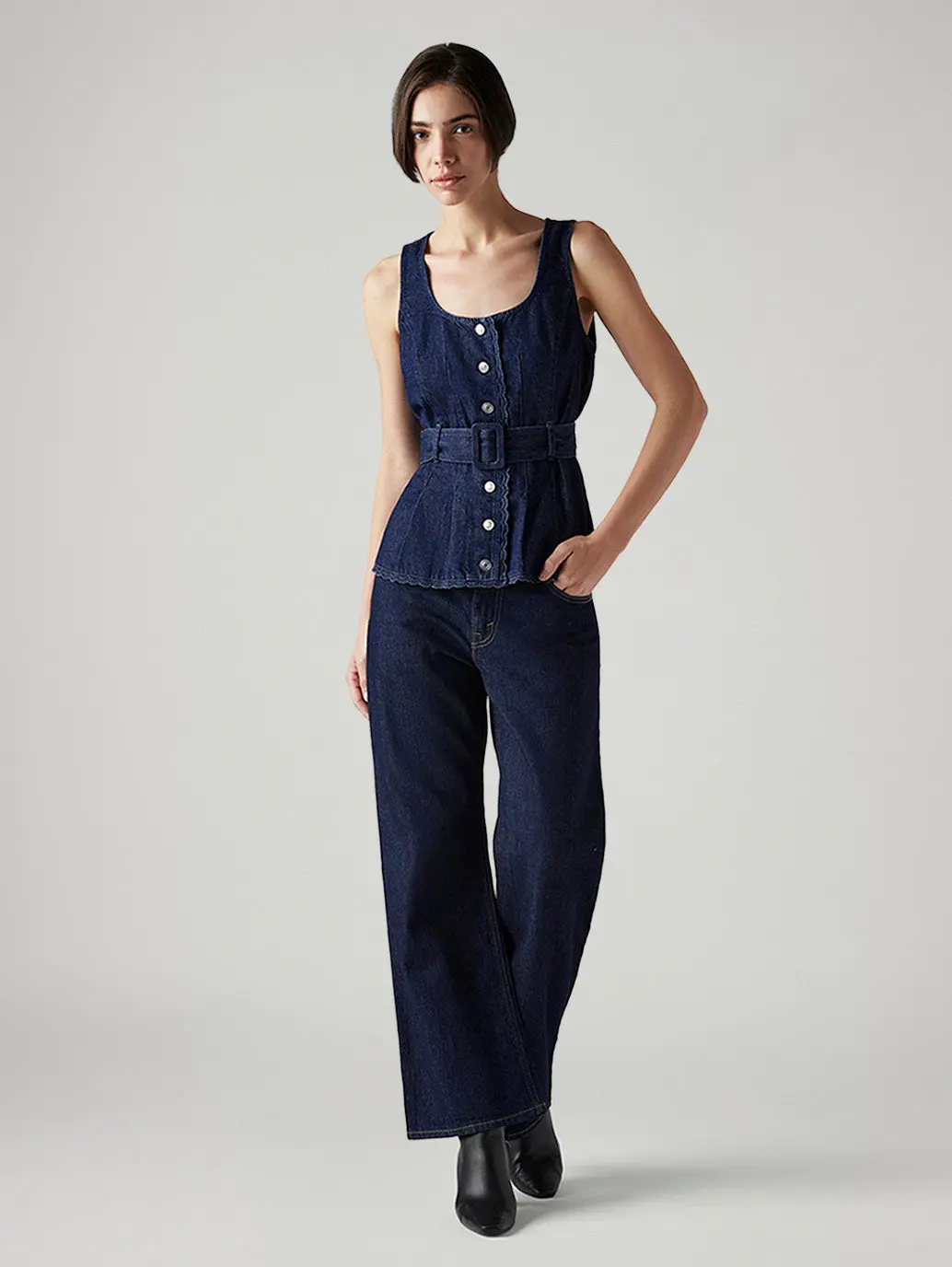 Women's Dark Blue Loose Bootcut Fit Mid Rise Jeans 1