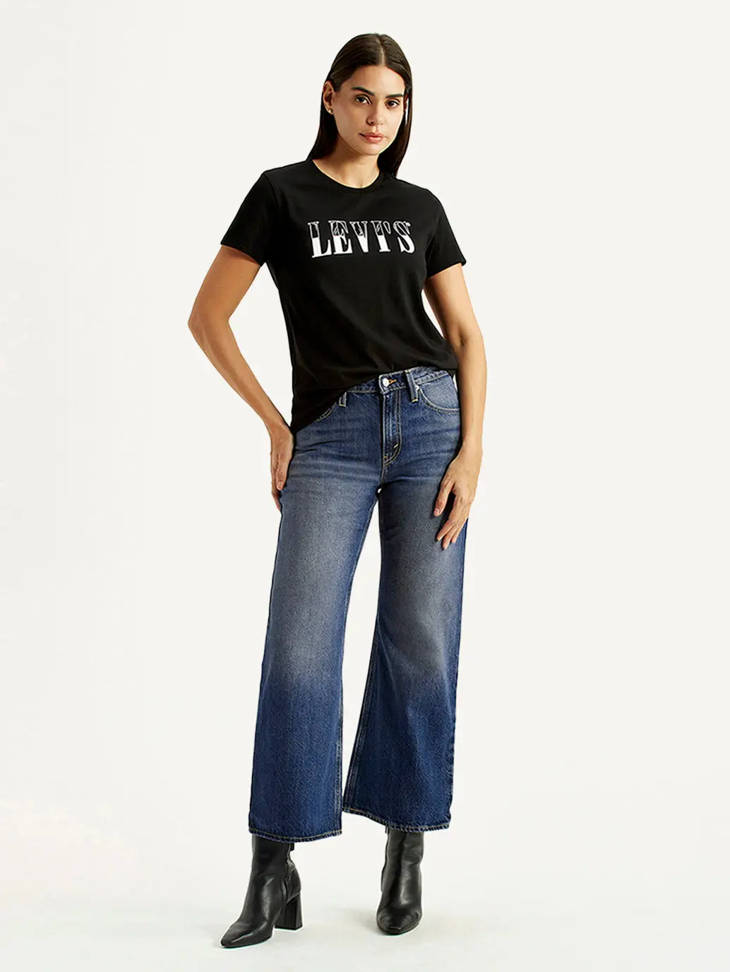 Women's Tinted Dark Indigo Loose Bootcut Fit Mid Rise Jeans 1