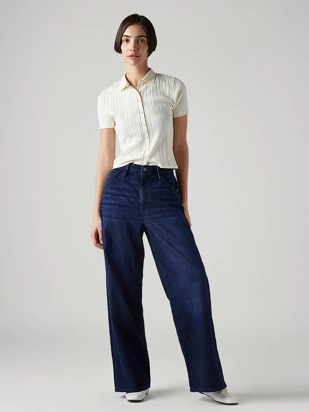 Women's Dark Blue Ribcage Wide Leg Fit High Rise Redloop Jeans 1