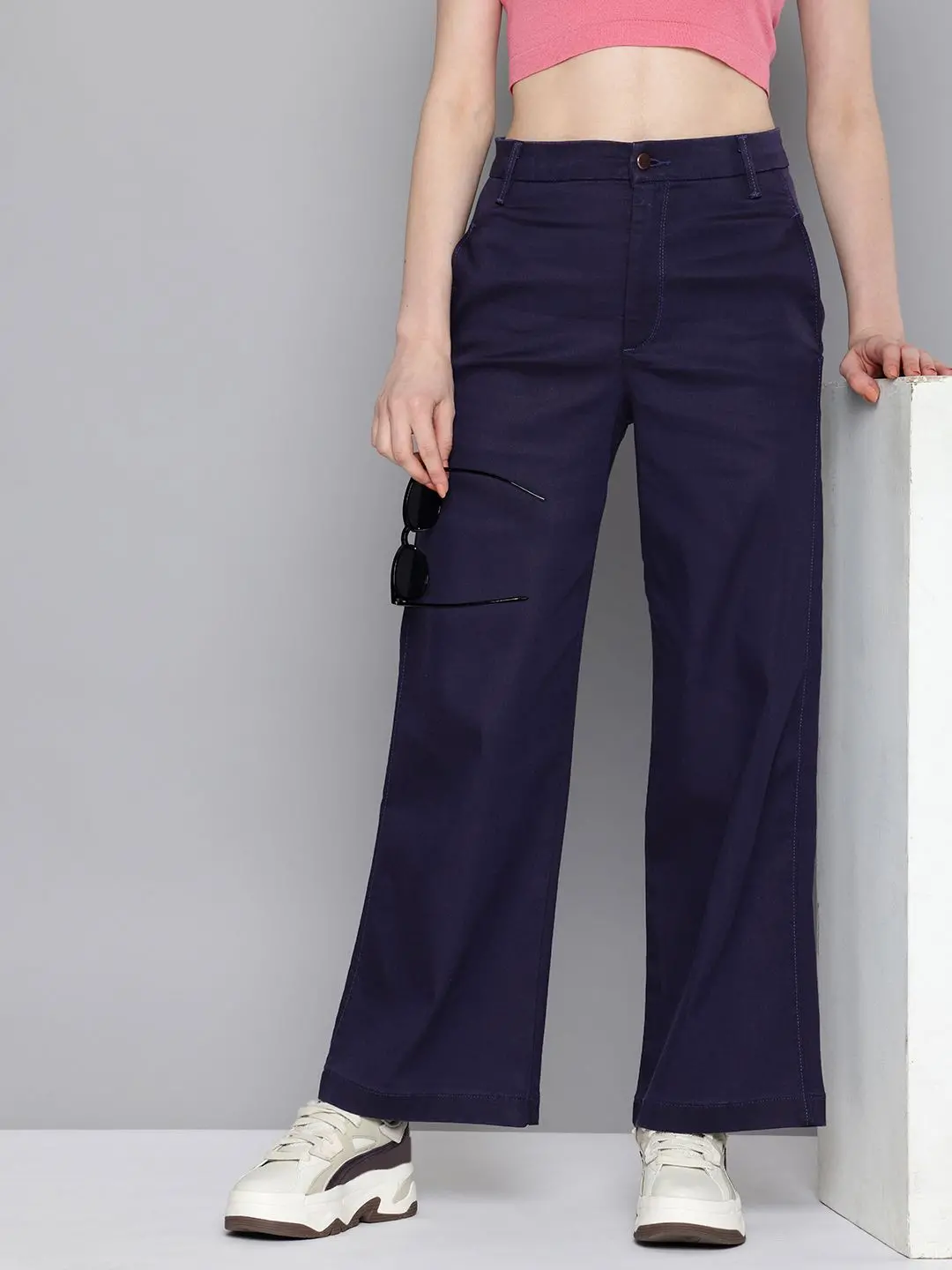 Women's Redloop Navy Blue Ribcage Bell Bottom Wide Leg Fit High Rise Jeans 1