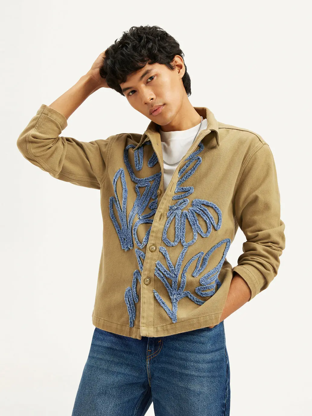 Men's Embroidered Brown Relaxed Fit Shacket 1