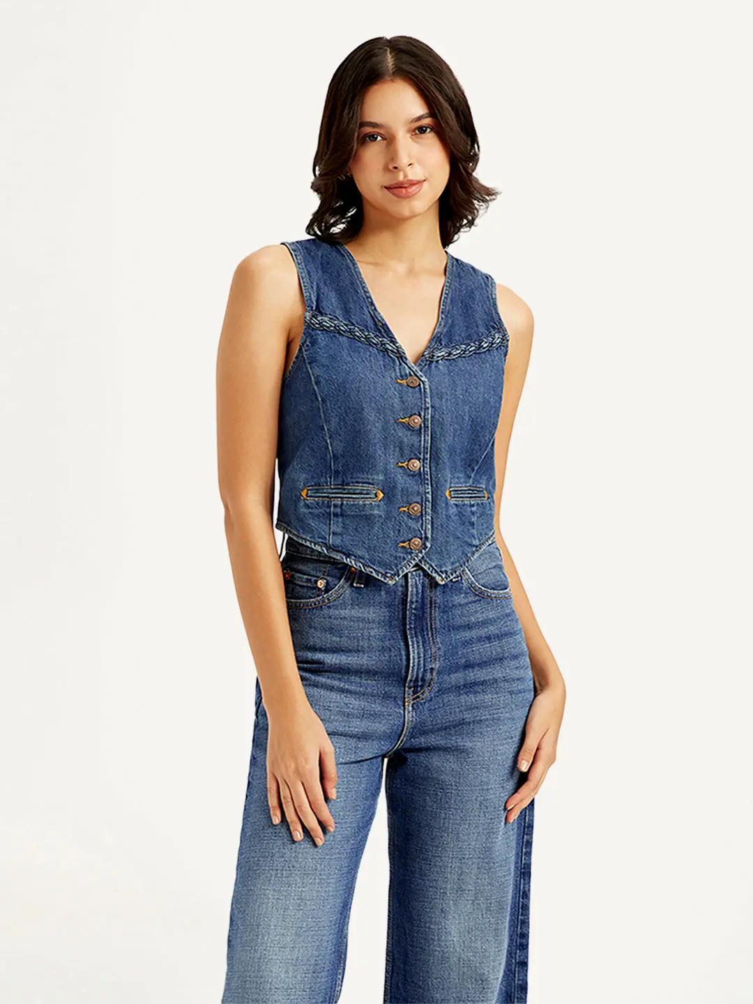 Women's Solid Blue Denim Waistcoat 1