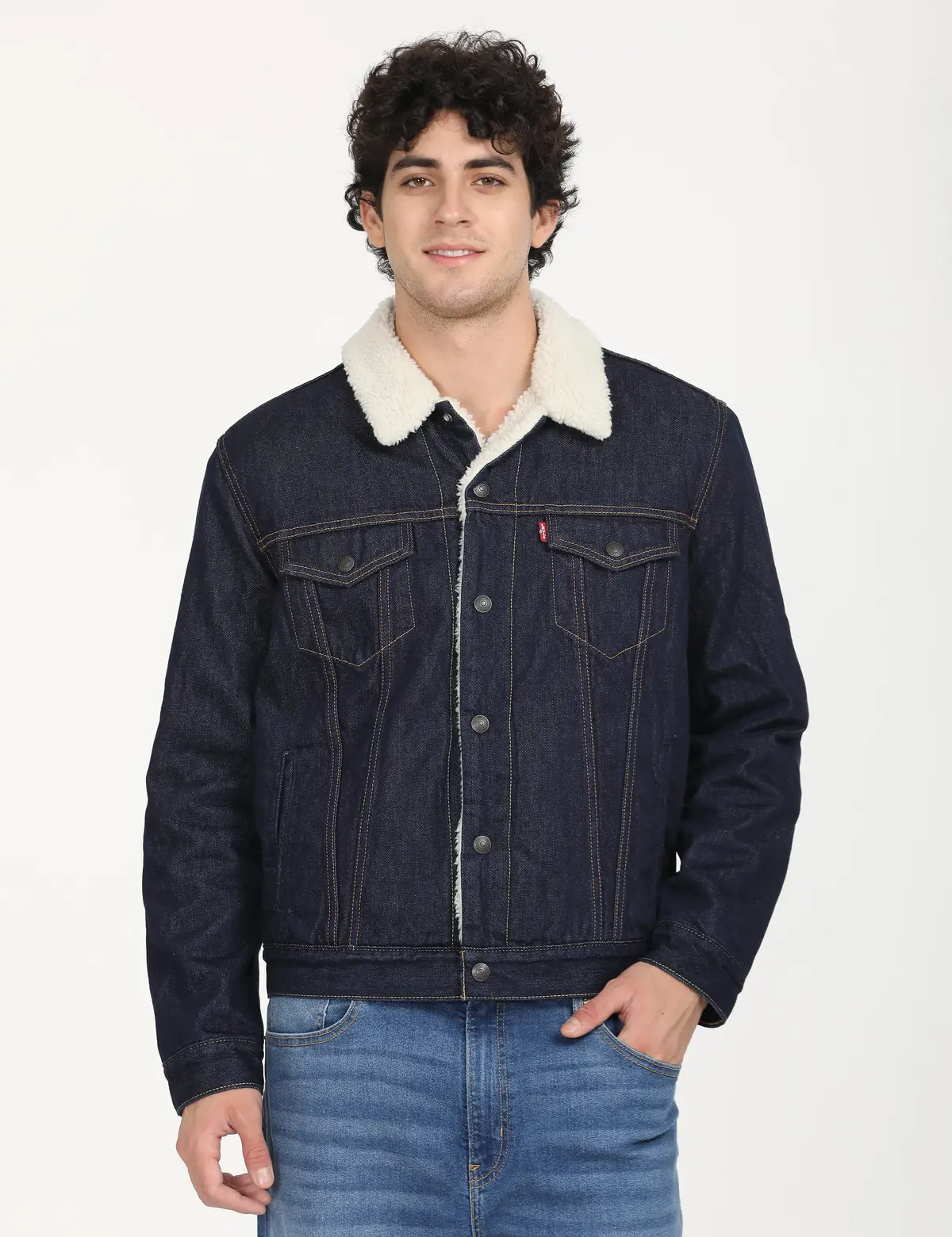 Men's Solid Navy Spread Collar Denim Jacket 1